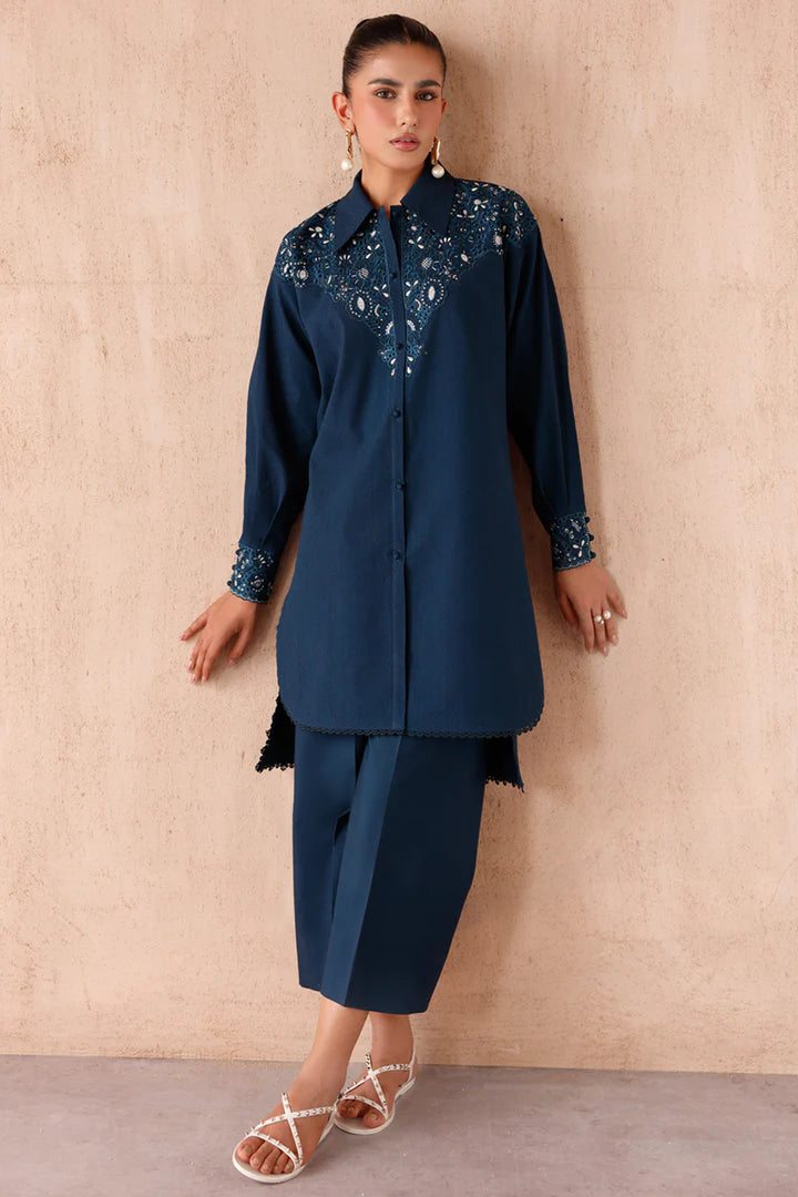 Model wearing navy blue embroidered coords EP-08 Rumi from Qalamkar, Pakistani luxury pret online in UK.