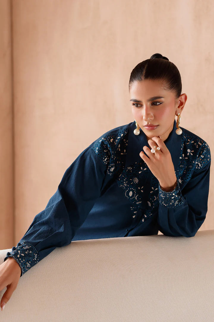 Model wearing navy blue embroidered coords EP-08 Rumi from Qalamkar, Pakistani luxury pret online in UK.