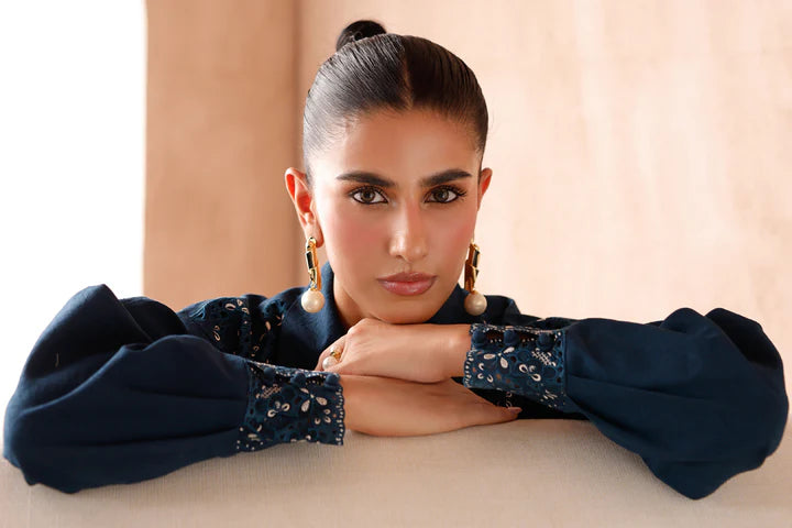 Model wearing navy blue embroidered coords EP-08 Rumi from Qalamkar, Pakistani luxury pret online in UK.