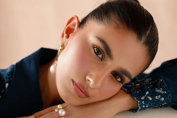 Model wearing navy blue embroidered coords EP-08 Rumi from Qalamkar, Pakistani luxury pret online in UK.