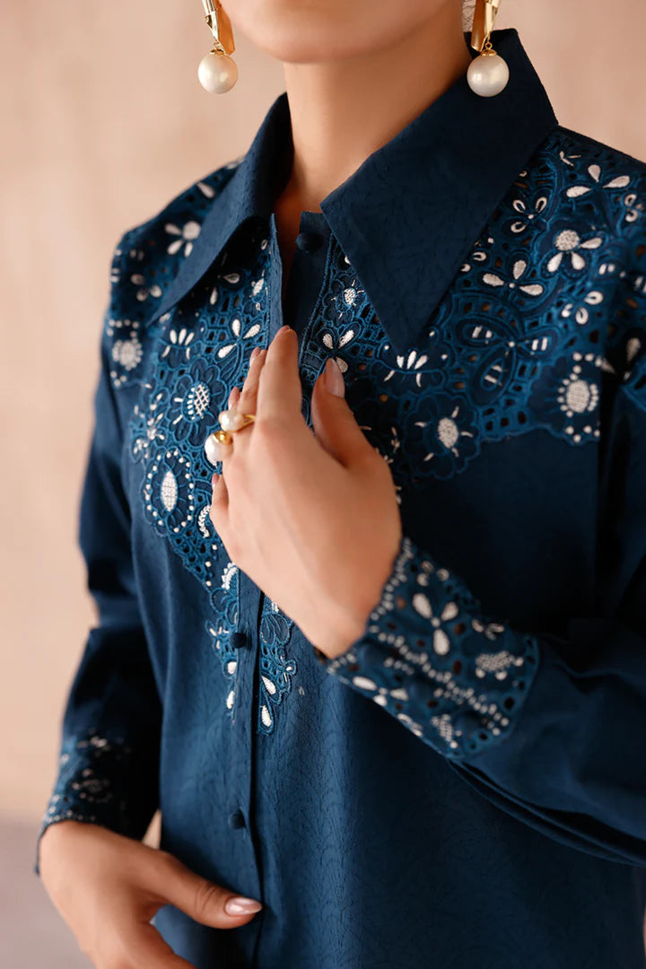 Model wearing navy blue embroidered coords EP-08 Rumi from Qalamkar, Pakistani luxury pret online in UK.