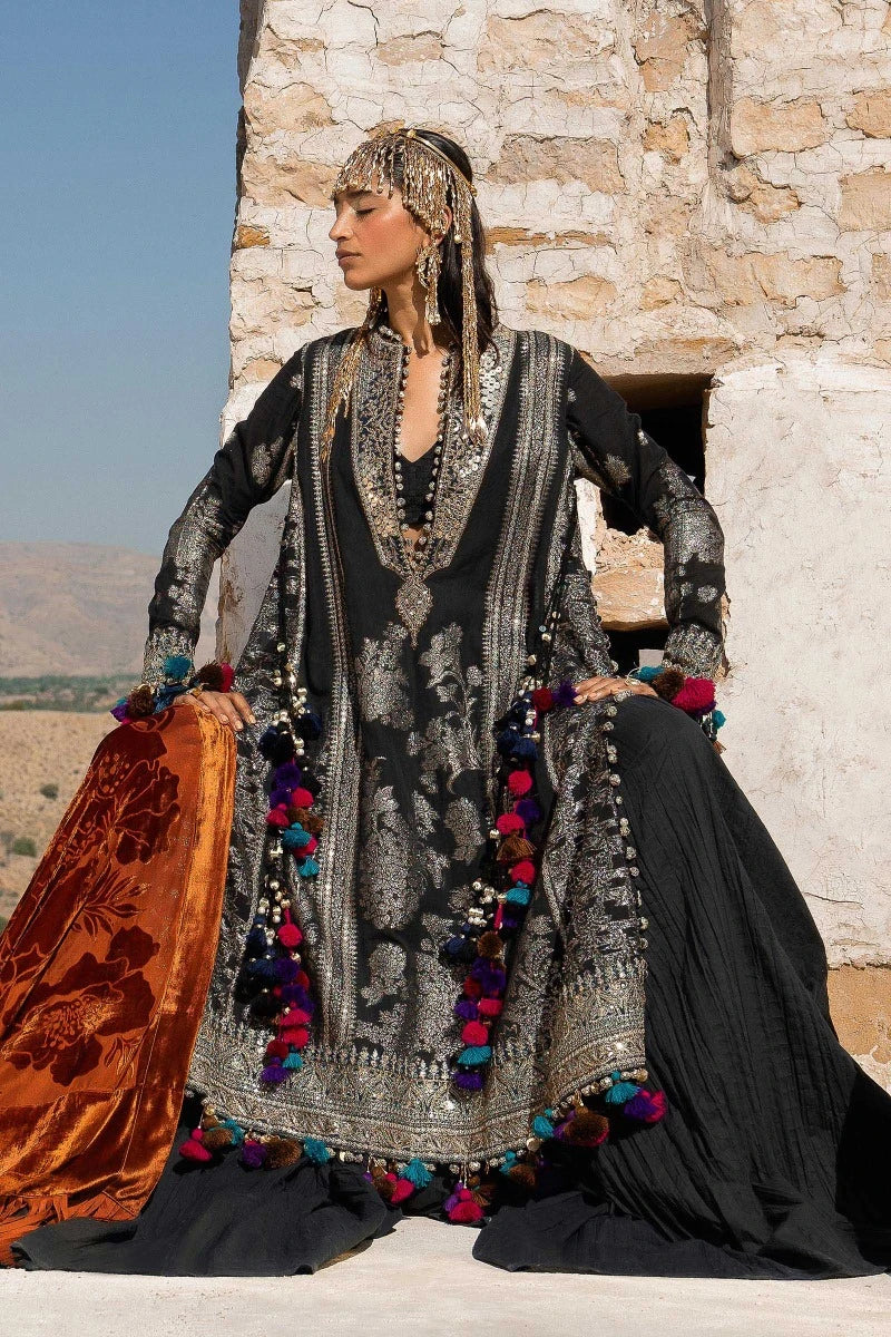 Model wearing Sana Safinaz Winter Luxury '23 S231-001A-DF dress, highlighting Pakistani clothes online in the UK.