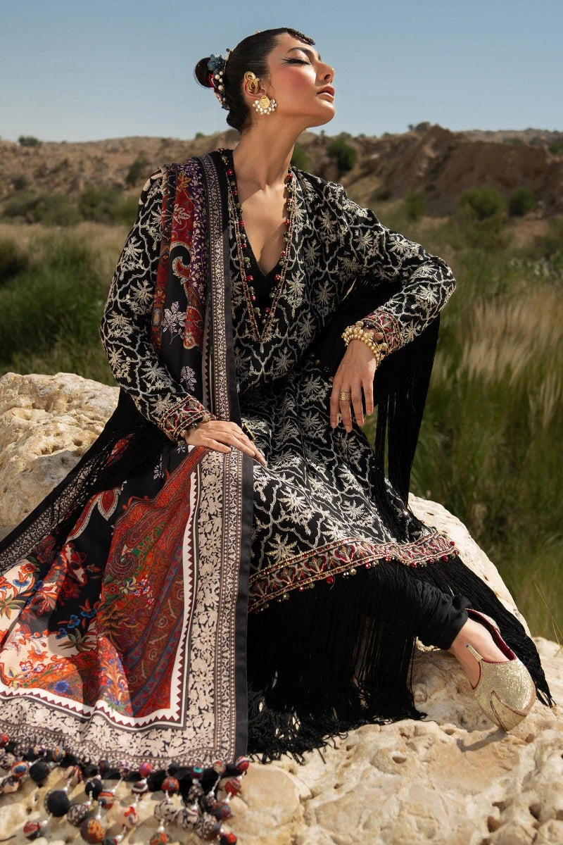 Model wearing Sana Safinaz Winter Luxury 23 S231-002A-CP dress, highlighting Pakistani clothes online in UK.