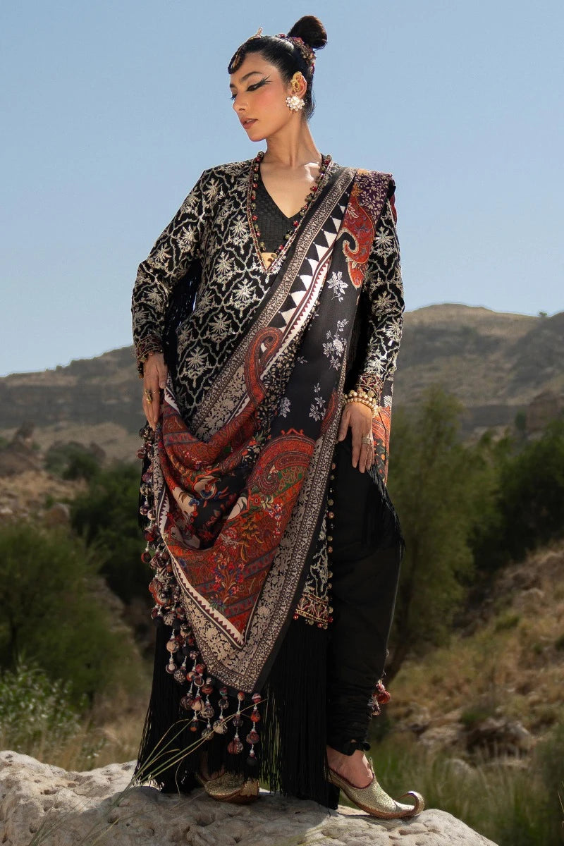 Model wearing Sana Safinaz Winter Luxury 23 S231-002A-CP dress, highlighting Pakistani clothes online in UK.