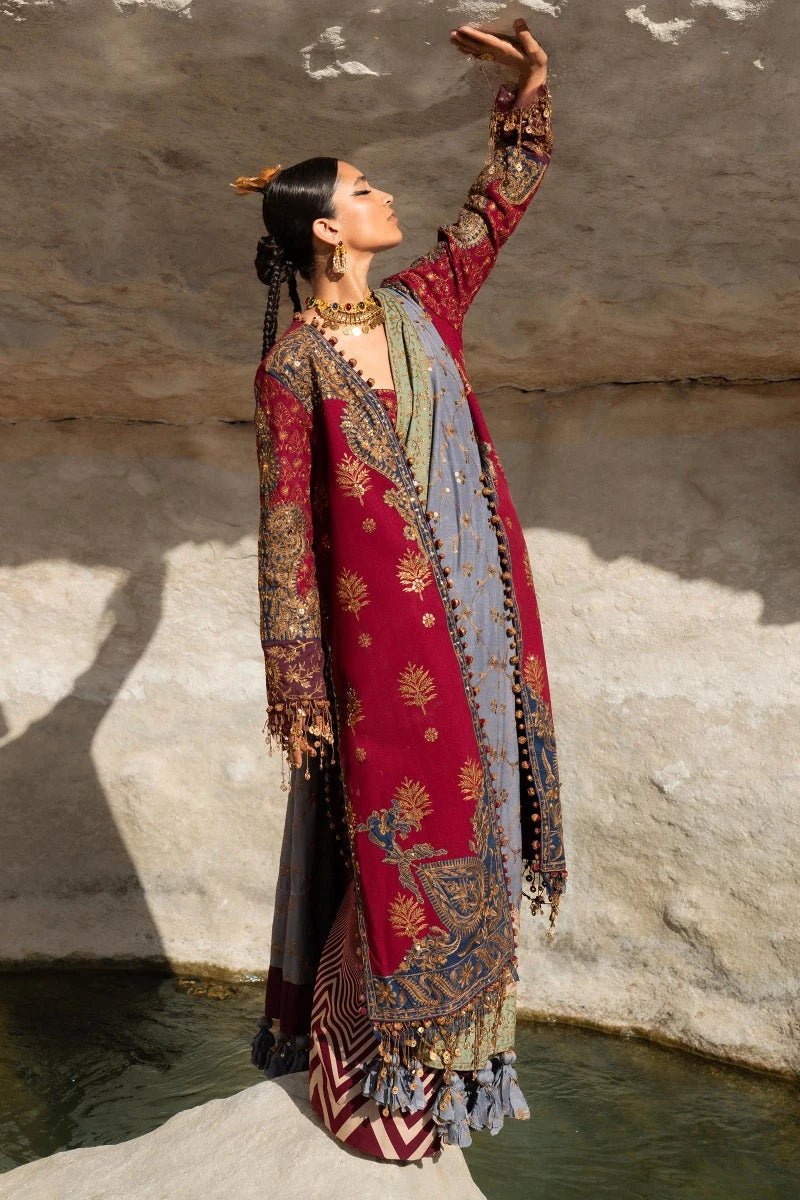 Model wearing Sana Safinaz Winter Luxury 23 S231-003B-CP dress, showcasing Pakistani clothes online in UK.