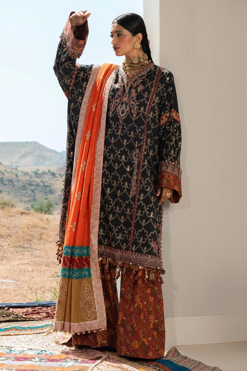 Model wearing Sana Safinaz Winter Luxury 23 S231-004A-CP, showcasing Pakistani clothes online in UK.