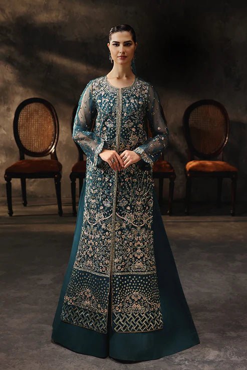 Model wearing Saffron Gulzar - e - Afreen dress in deep teal from the Aatish Formals collection, showcasing intricate embroidery. Perfect for Pakistani wedding clothes online in the UK.