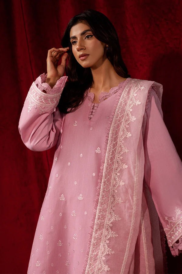 Model wearing a pink Blush Breeze dress from Saffron, featuring delicate embroidery, perfect for winter, showcasing Pakistani designer clothes online in the UK.