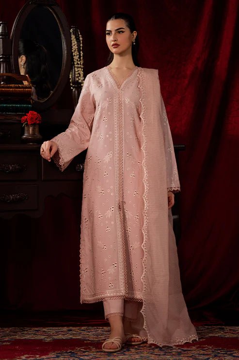 Model wearing a soft pink Petal Mist dress from Saffron, adorned with delicate embroidery, showcasing Pakistani designer clothes online in the UK, perfect for winter.