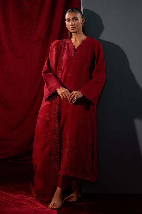 Elevate your winter style with Ruby Fable from Saffron's Celestial Fall '24 for £90. A bold maroon khaddar ensemble with intricate detailing. Shop Pakistani winter clothes online in UK at Signature Labels.