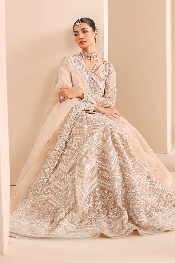 Model wearing 07 Crystal Bloom from Saffron's Edel Formals Collection in delicate pastel shades. Pakistani clothes online in UK at Signature Labels