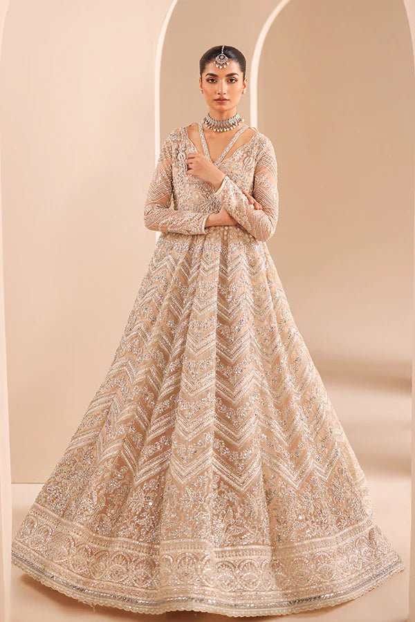 Model wearing 07 Crystal Bloom from Saffron's Edel Formals Collection in delicate pastel shades. Pakistani clothes online in UK at Signature Labels