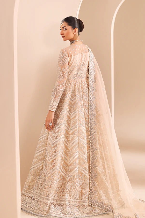 Model wearing 07 Crystal Bloom from Saffron's Edel Formals Collection in delicate pastel shades. Pakistani clothes online in UK at Signature Labels