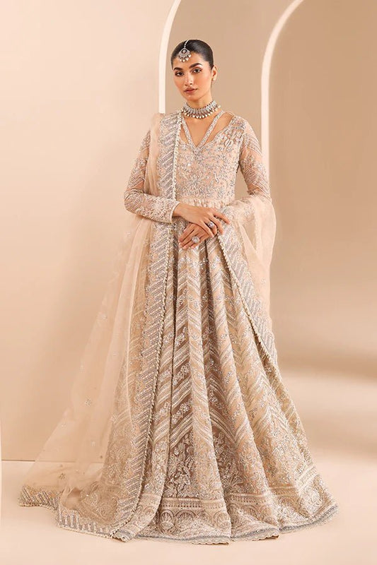 Model wearing 07 Crystal Bloom from Saffron's Edel Formals Collection in delicate pastel shades. Pakistani clothes online in UK at Signature Labels