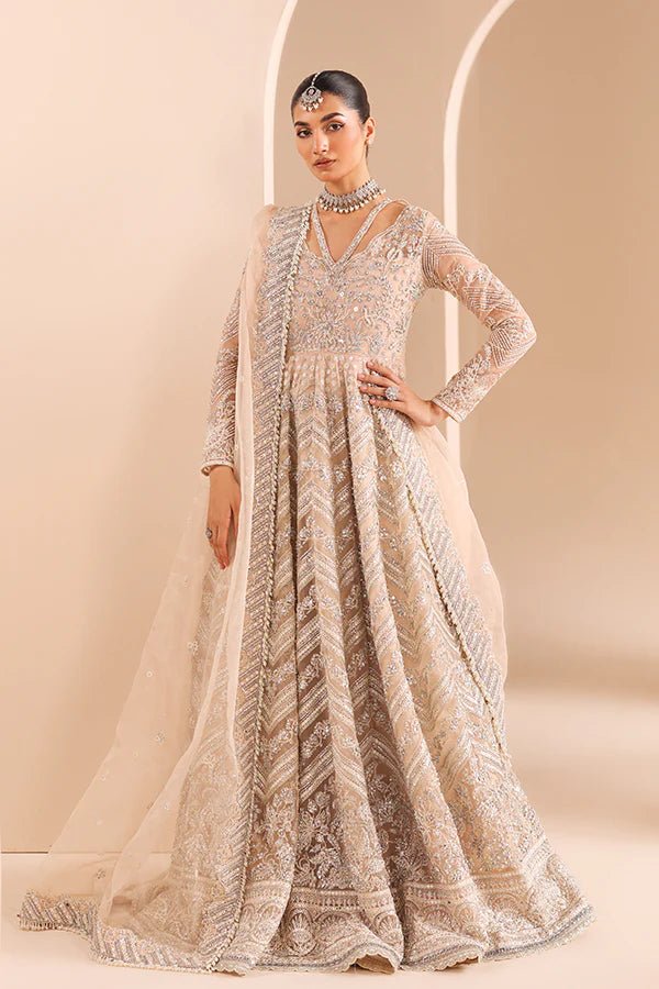 Model wearing 07 Crystal Bloom from Saffron's Edel Formals Collection in delicate pastel shades. Pakistani clothes online in UK at Signature Labels