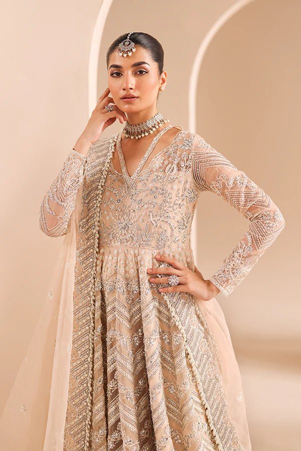 Model wearing 07 Crystal Bloom from Saffron's Edel Formals Collection in delicate pastel shades. Pakistani clothes online in UK at Signature Labels