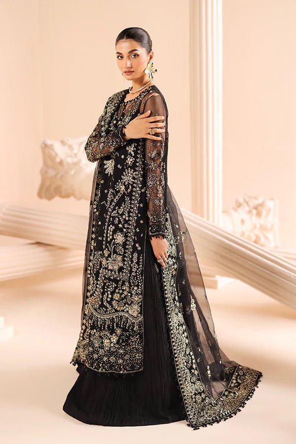 Model wearing 08 Noir Dewdrop from Saffron's Edel Formals Collection in deep, sophisticated hues. Pakistani clothes online in UK at Signature Labels