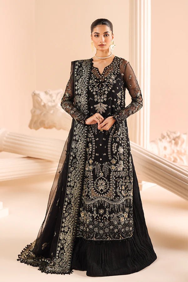 Model wearing 08 Noir Dewdrop from Saffron's Edel Formals Collection in deep, sophisticated hues. Pakistani clothes online in UK at Signature Labels