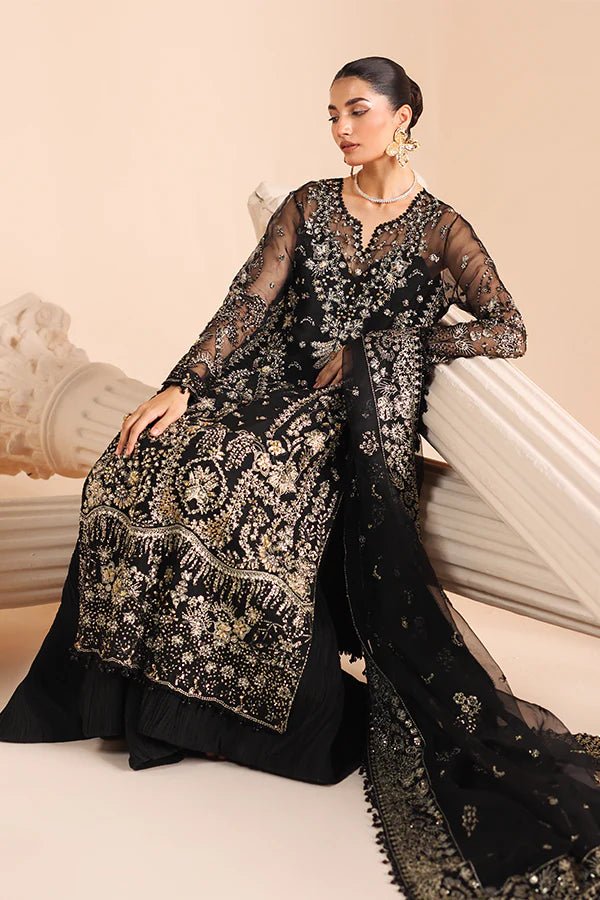 Model wearing 08 Noir Dewdrop from Saffron's Edel Formals Collection in deep, sophisticated hues. Pakistani clothes online in UK at Signature Labels