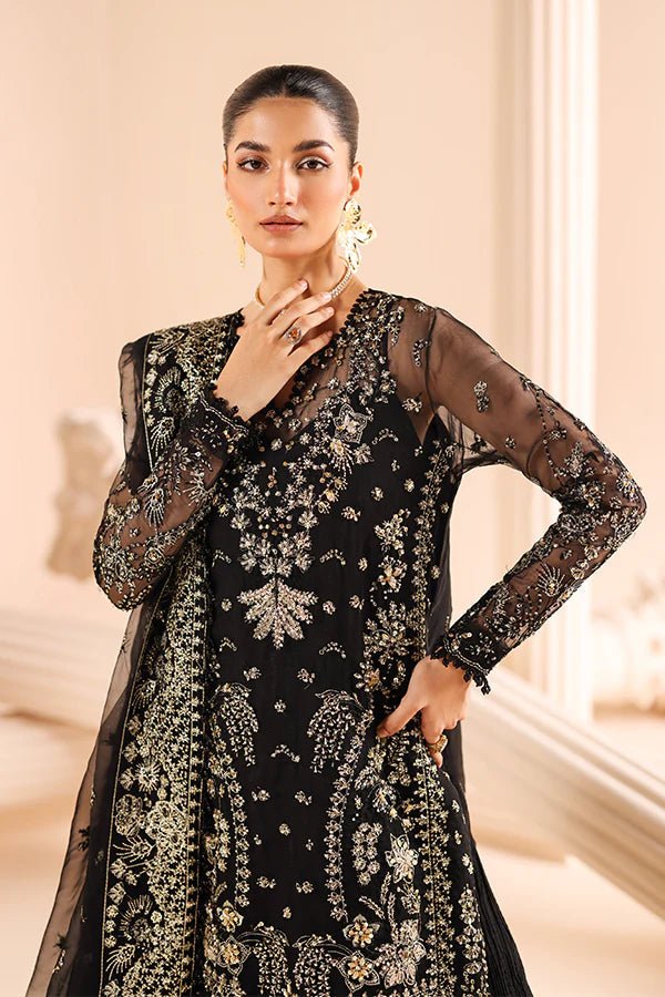 Model wearing 08 Noir Dewdrop from Saffron's Edel Formals Collection in deep, sophisticated hues. Pakistani clothes online in UK at Signature Labels