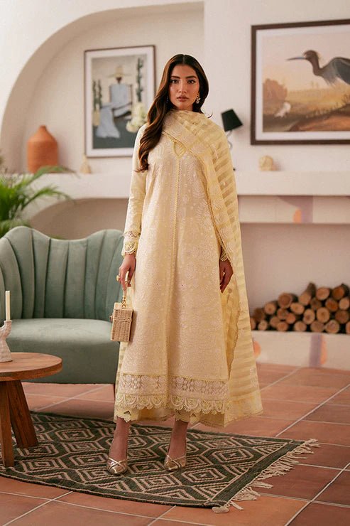 Model wearing Saffron Mystere Festive Lawn Lenora dress, highlighting Pakistani clothes online in UK.