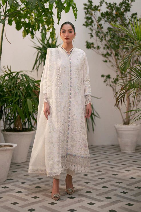 Model wearing Saffron Mystere Festive Lawn Liara dress, showcasing Pakistani clothes online in UK.