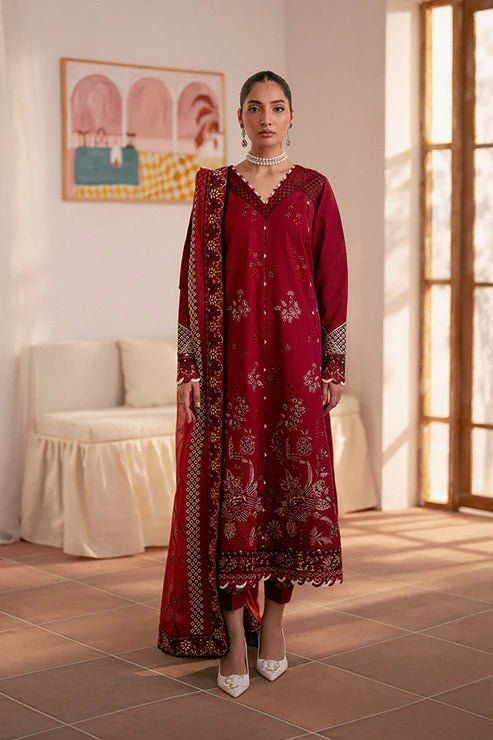 Model wearing Saffron Mystere Festive Lawn Selah dress, showcasing Pakistani clothes online in UK.