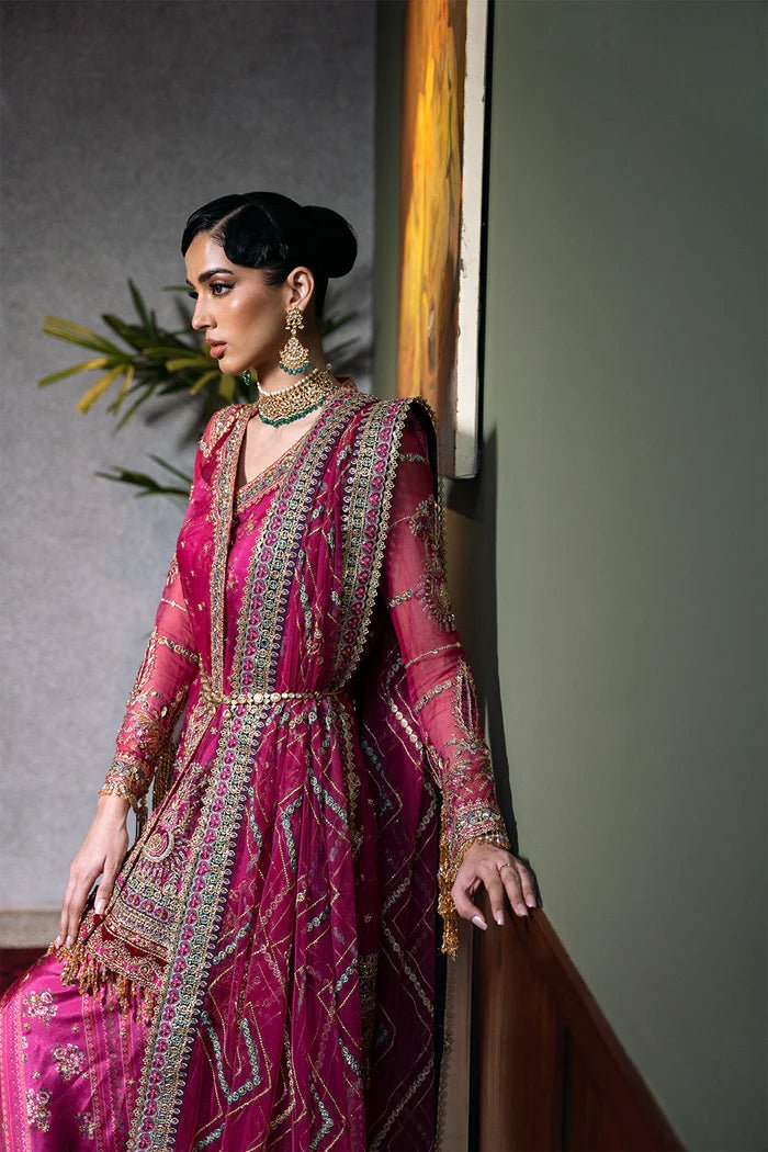 Model wearing ENORE - SRF - D - 07 from Saira Rizwan's Festive Unstitched collection in elegant teal. Luxury pret, festive, Pakistani clothes online in UK.