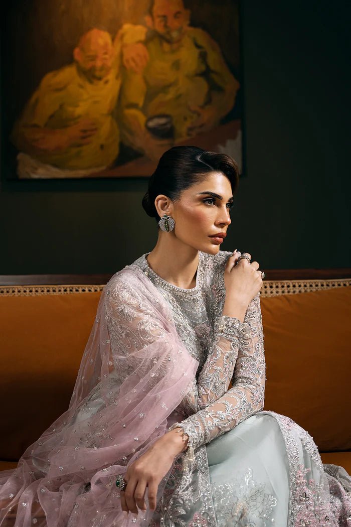 Model wearing KYLO - SRF - D - 04 from Saira Rizwan's Festive Unstitched collection in elegant blue. Luxury pret, festive, Pakistani clothes online in UK.