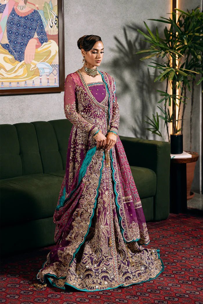 Model wearing LAVENA - SRF - D - 05 from Saira Rizwan's Festive Unstitched collection in soft pink. Luxury pret, festive, Pakistani clothes online in UK.