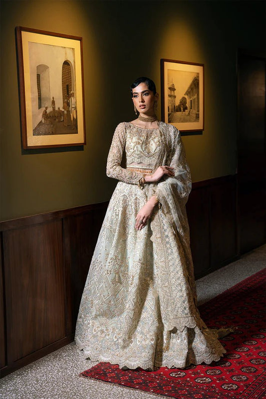 Model wearing LUCENT - SRF - D - 02 from Saira Rizwan's Festive Unstitched collection in soft peach. Luxury pret, festive, Pakistani clothes online in UK.