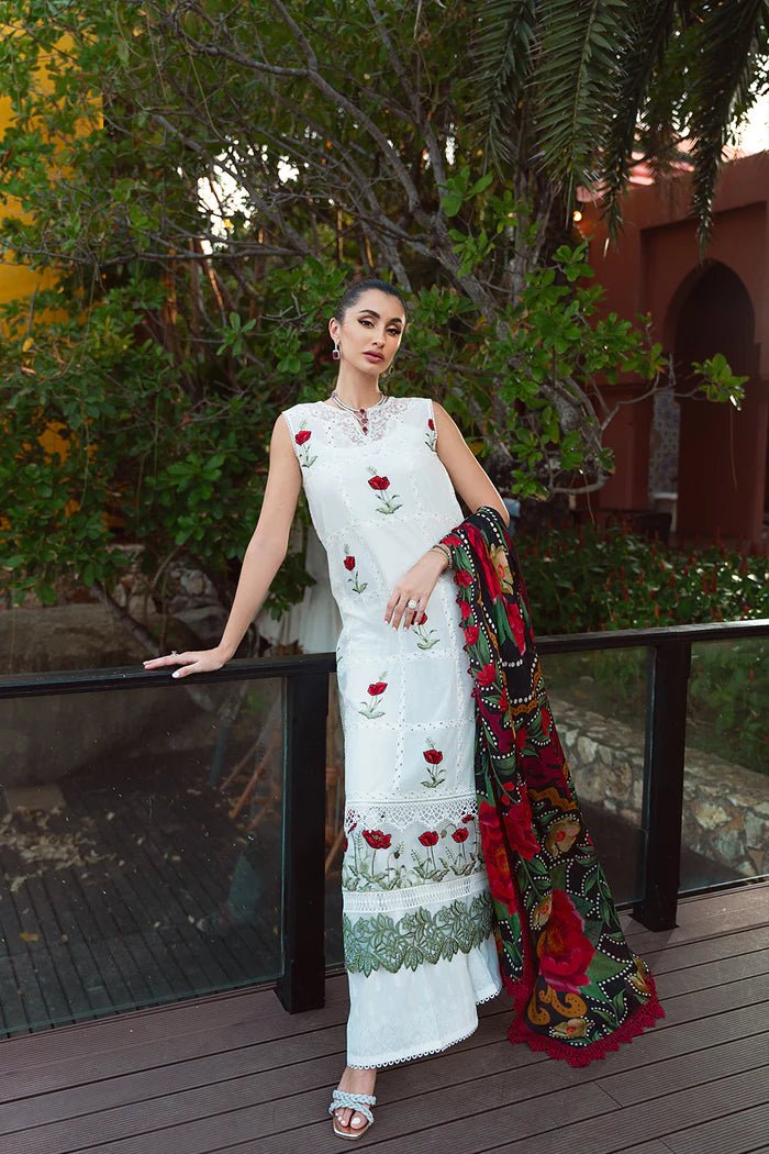 Model wearing white Aira SRLL2 - 24 - 03 dress from Saira Rizwan, Lawn '24 Vol II collection. Pakistani designer clothes in UK, readymade clothes, elegant fashion.