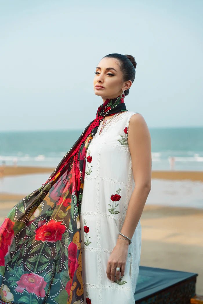 Model wearing white Aira SRLL2 - 24 - 03 dress from Saira Rizwan, Lawn '24 Vol II collection. Pakistani designer clothes in UK, readymade clothes, elegant fashion.