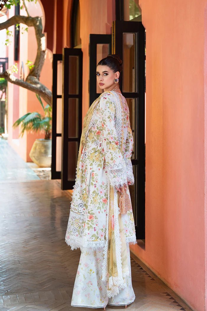 Model wearing floral Anaya SRLL2 - 24 - 06 dress from Saira Rizwan, Lawn '24 Vol II collection. Pakistani designer clothes in UK, readymade clothes, elegant fashion.