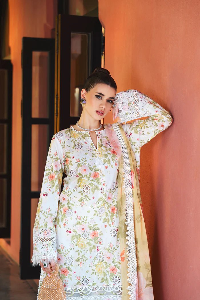 Model wearing floral Anaya SRLL2 - 24 - 06 dress from Saira Rizwan, Lawn '24 Vol II collection. Pakistani designer clothes in UK, readymade clothes, elegant fashion.