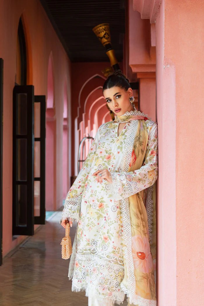 Model wearing floral Anaya SRLL2 - 24 - 06 dress from Saira Rizwan, Lawn '24 Vol II collection. Pakistani designer clothes in UK, readymade clothes, elegant fashion.