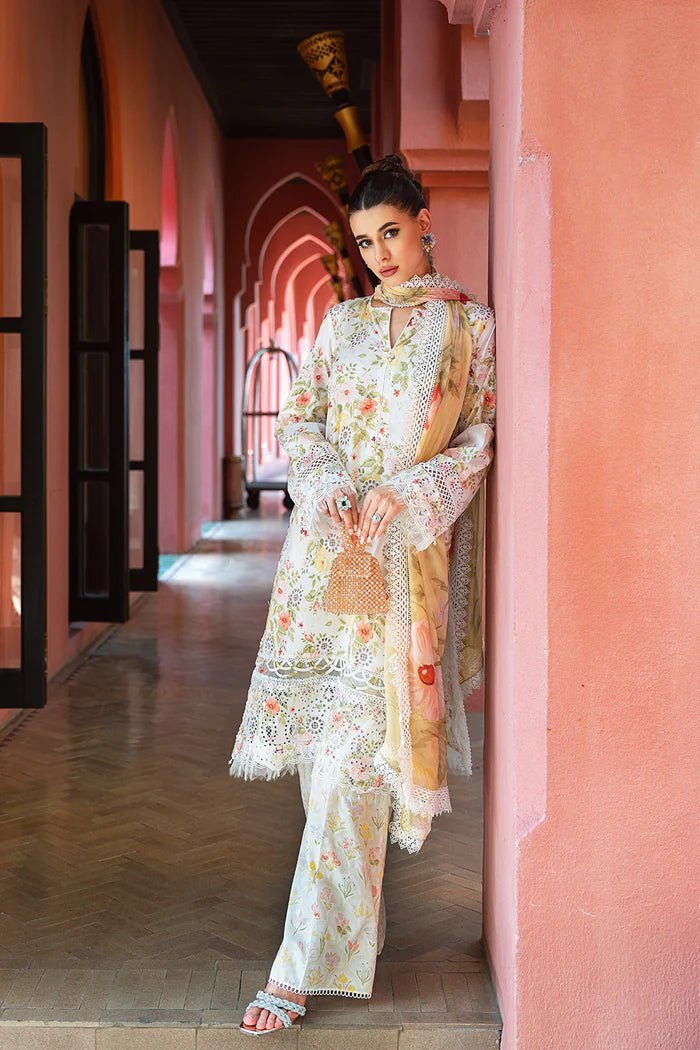 Model wearing floral Anaya SRLL2 - 24 - 06 dress from Saira Rizwan, Lawn '24 Vol II collection. Pakistani designer clothes in UK, readymade clothes, elegant fashion.