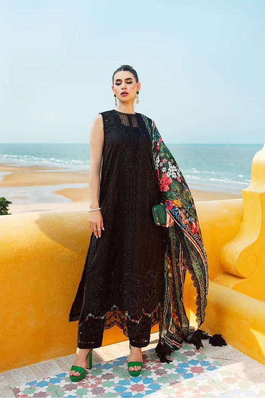 Model wearing Saira Rizwan Lawn '24 Vol II Ayzel SRLL2-24-01 dress, showcasing Pakistani clothes online in the UK.