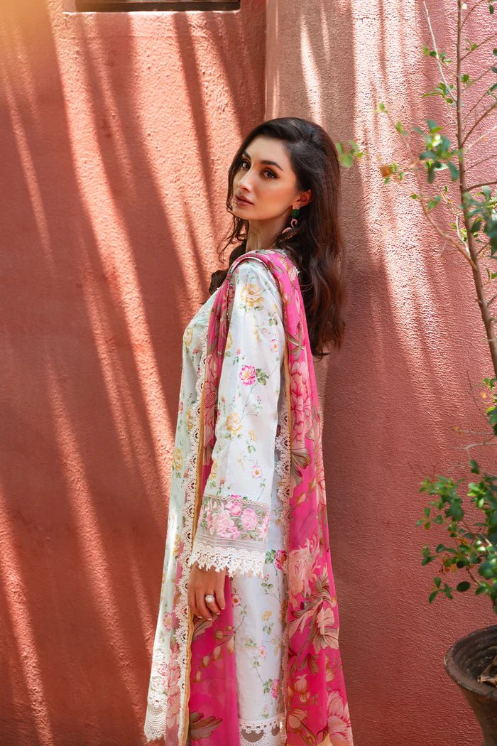 Model wearing floral Fanny SRLL2 - 24 - 07 dress from Saira Rizwan, Lawn '24 Vol II collection. Pakistani designer clothes in UK, readymade clothes, elegant fashion.