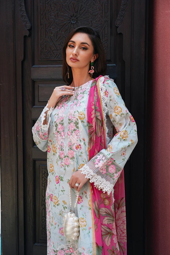 Model wearing floral Fanny SRLL2 - 24 - 07 dress from Saira Rizwan, Lawn '24 Vol II collection. Pakistani designer clothes in UK, readymade clothes, elegant fashion.