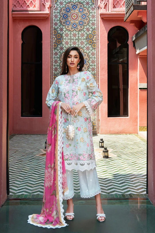 Model wearing Saira Rizwan Lawn '24 Vol II Fanny SRLL2-24-07 dress, highlighting Pakistani clothes online in the UK.
