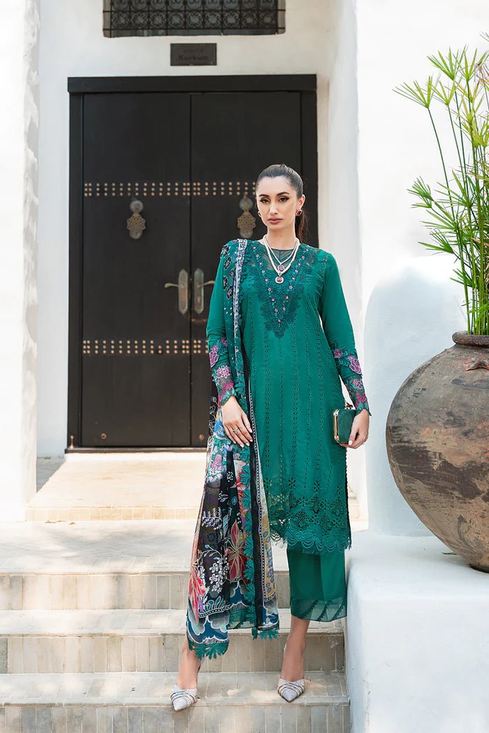 Model wearing green Jane SRLL2 - 24 - 10 dress from Saira Rizwan, Lawn '24 Vol II collection. Pakistani designer clothes in UK, readymade clothes, elegant fashion.