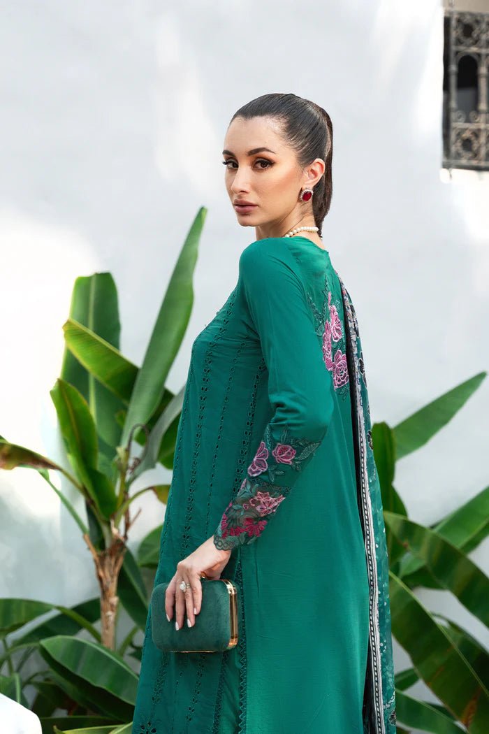 Model wearing green Jane SRLL2 - 24 - 10 dress from Saira Rizwan, Lawn '24 Vol II collection. Pakistani designer clothes in UK, readymade clothes, elegant fashion.