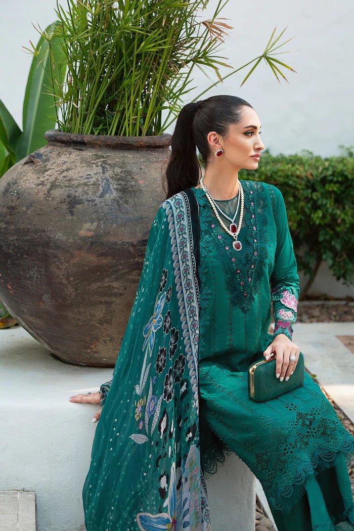 Model wearing green Jane SRLL2 - 24 - 10 dress from Saira Rizwan, Lawn '24 Vol II collection. Pakistani designer clothes in UK, readymade clothes, elegant fashion.