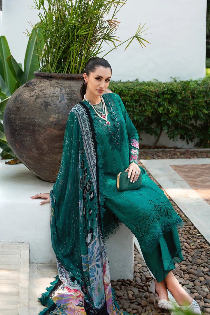 Model wearing green Jane SRLL2 - 24 - 10 dress from Saira Rizwan, Lawn '24 Vol II collection. Pakistani designer clothes in UK, readymade clothes, elegant fashion.