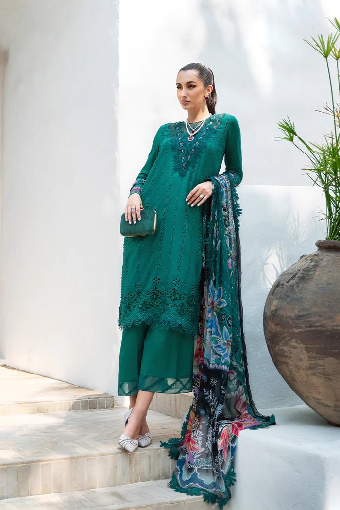 Model wearing green Jane SRLL2 - 24 - 10 dress from Saira Rizwan, Lawn '24 Vol II collection. Pakistani designer clothes in UK, readymade clothes, elegant fashion.