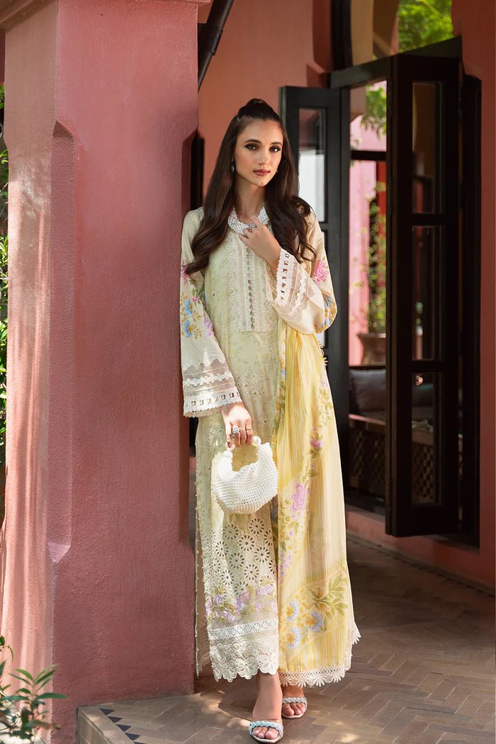 Model wearing yellow Kate SRLL2 - 24 - 05 dress from Saira Rizwan, Lawn '24 Vol II collection. Pakistani designer clothes in UK, readymade clothes, elegant fashion.