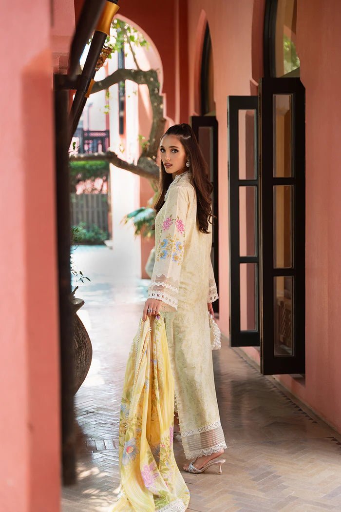 Model wearing yellow Kate SRLL2 - 24 - 05 dress from Saira Rizwan, Lawn '24 Vol II collection. Pakistani designer clothes in UK, readymade clothes, elegant fashion.