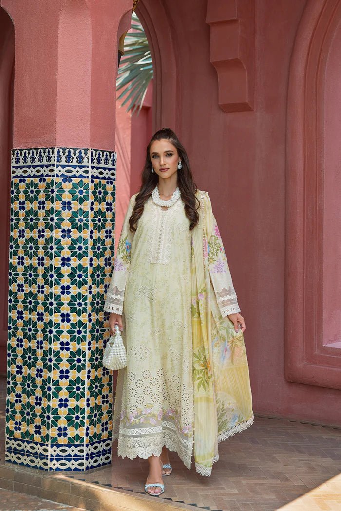 Model wearing yellow Kate SRLL2 - 24 - 05 dress from Saira Rizwan, Lawn '24 Vol II collection. Pakistani designer clothes in UK, readymade clothes, elegant fashion.