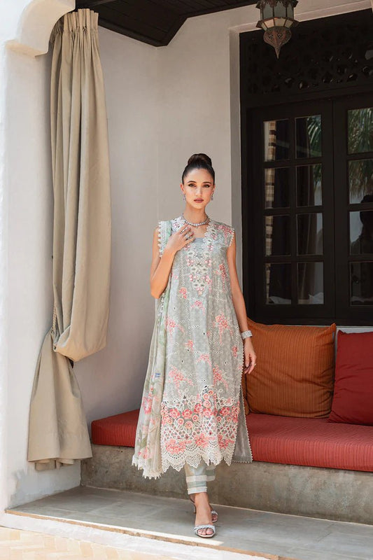Model wearing Saira Rizwan Lawn '24 Vol II Luna SRLL2-24-11 dress, showcasing Pakistani clothes online in the UK.